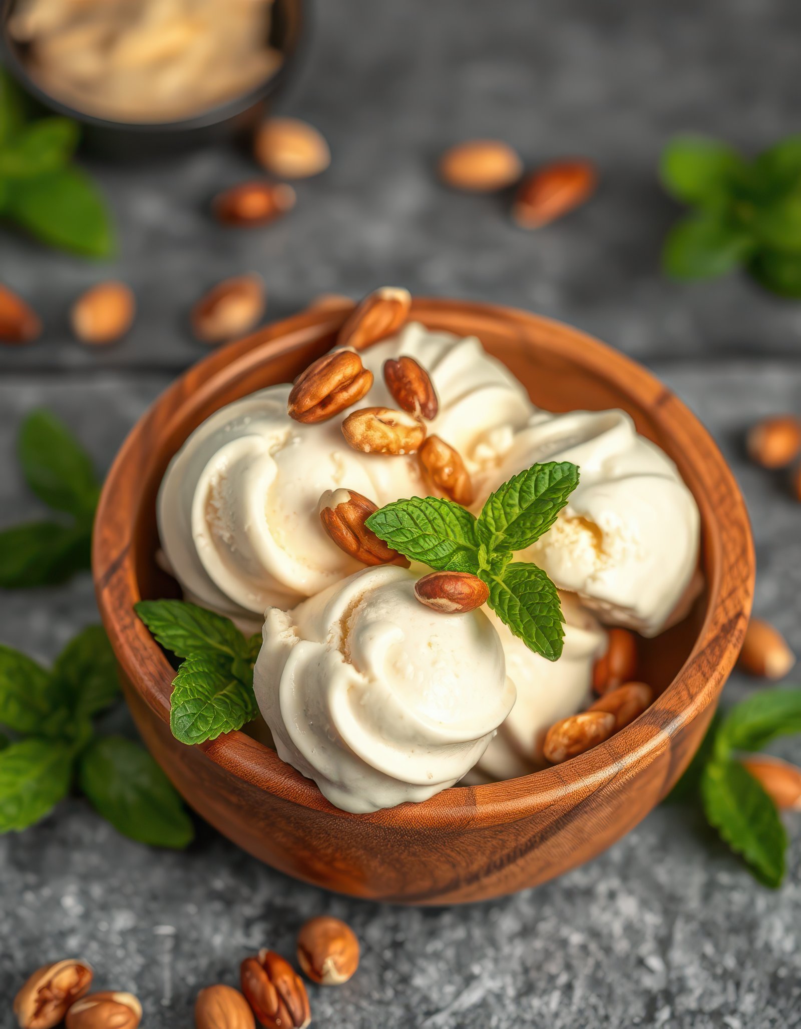 Delicious creamy dessert served in a wooden bowl with nuts and fresh mint on a textured surface